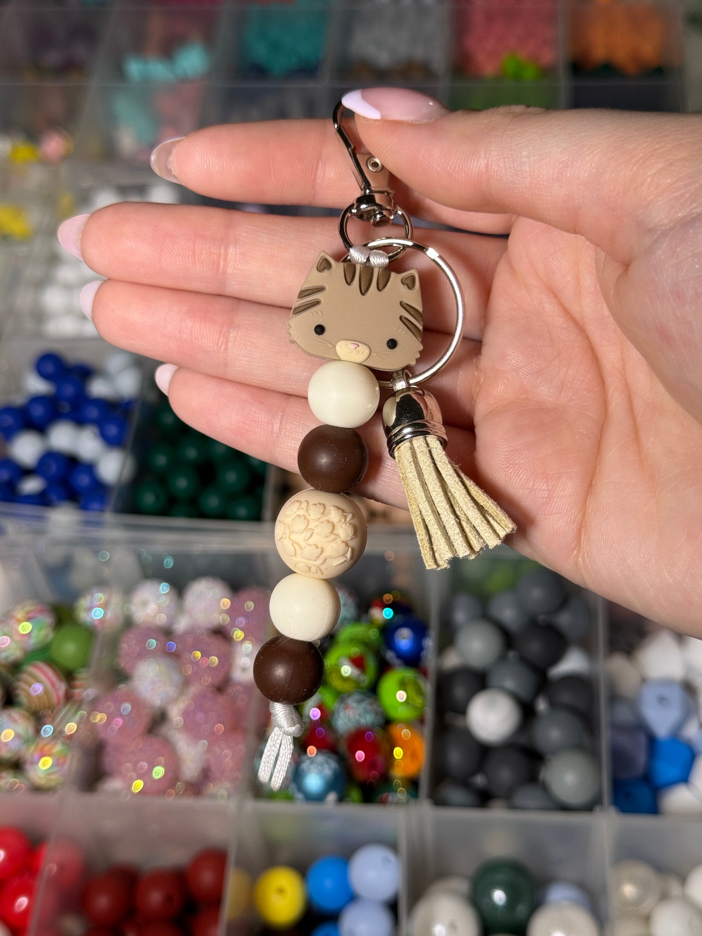 Brown Cat Beaded Keychain