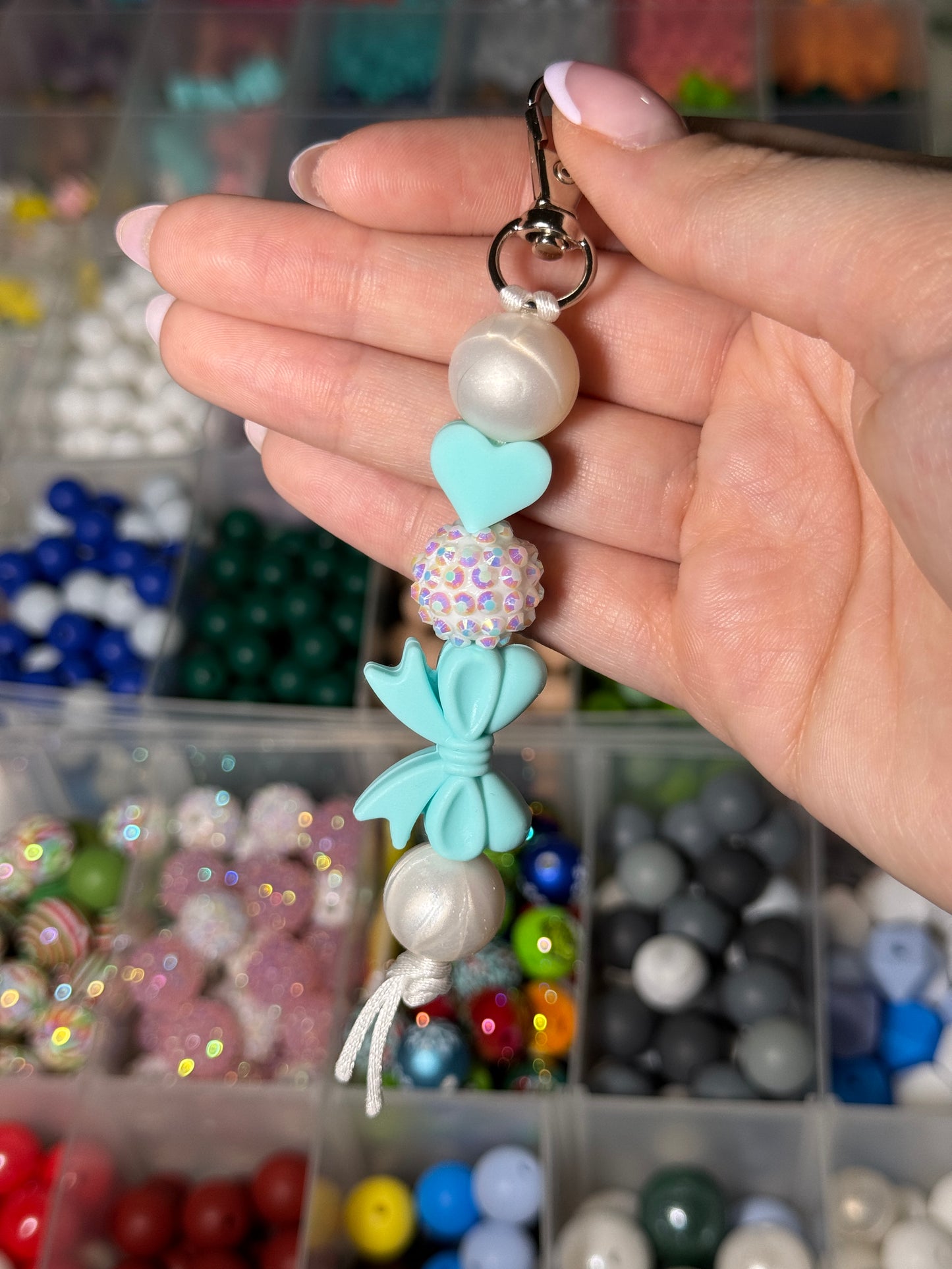 Aqua Bow Beaded Keychain