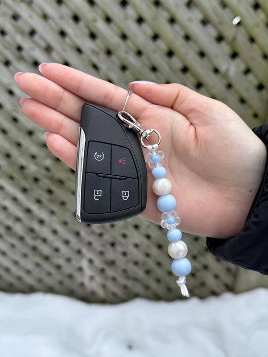 Blue Floral Beaded Keychain