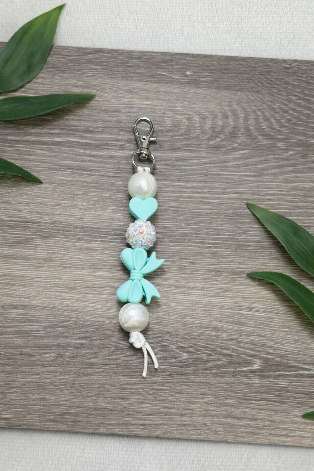 Aqua Bow Beaded Keychain