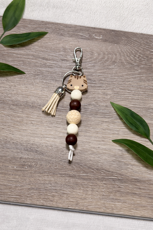 Brown Cat Beaded Keychain