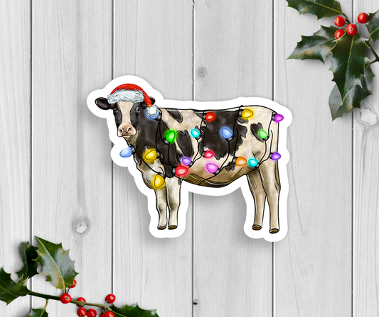 Holiday Cow With Lights Vinyl Sticker